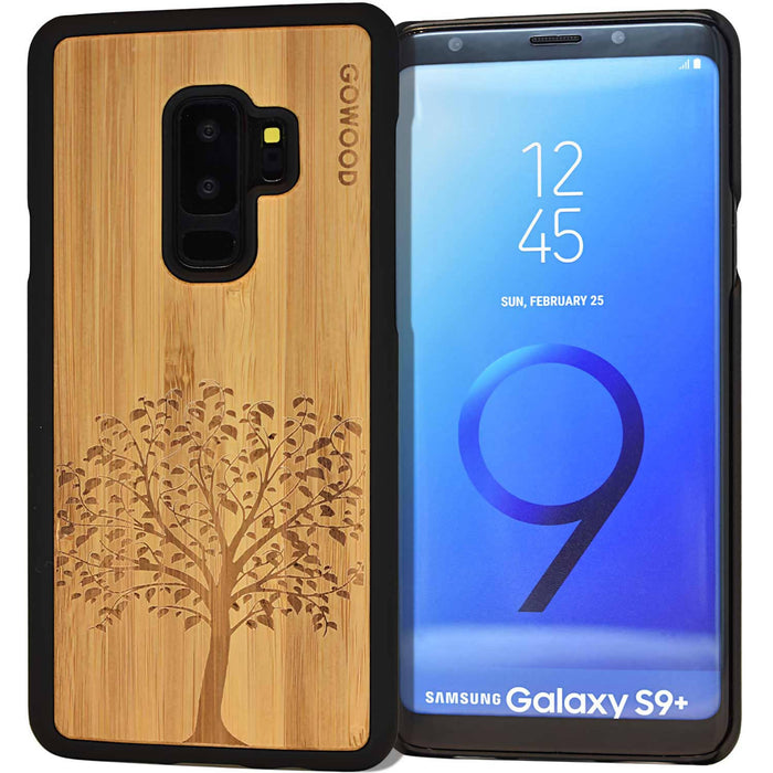 Étui samsung galaxy s9 plus en bois et côtés en polycarbonate - bambou avec gravure arbre
