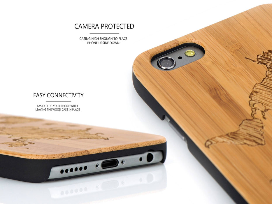 Étui iphone 6 en bois et côtés en polycarbonate - bambou avec gravure carte du monde