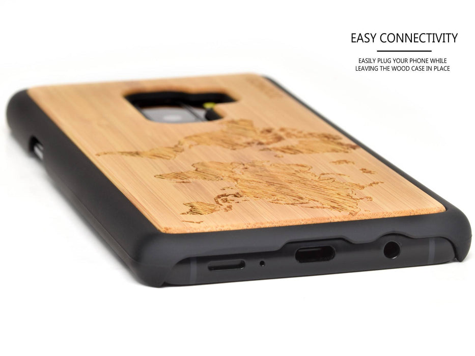 Étui samsung galaxy s9 plus en bois et côtés en polycarbonate - bambou avec gravure carte du monde