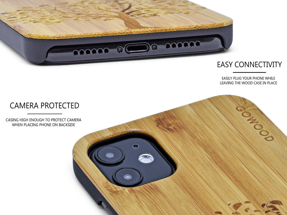 Étui iphone 11 en bois et côtés en polycarbonate - bambou avec gravure arbre