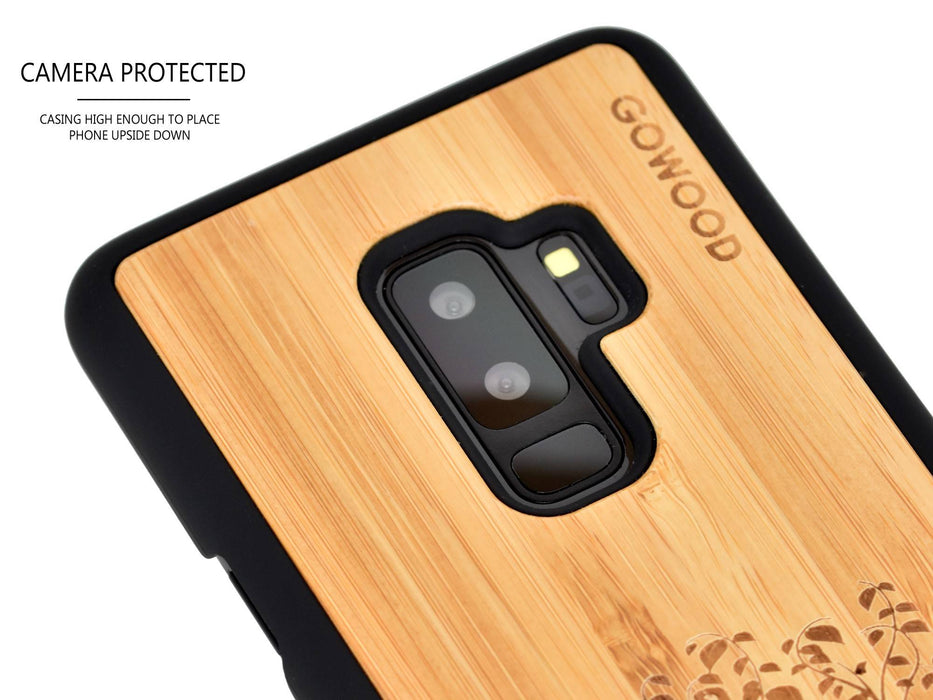Étui samsung galaxy s9 plus en bois et côtés en polycarbonate - bambou avec gravure arbre