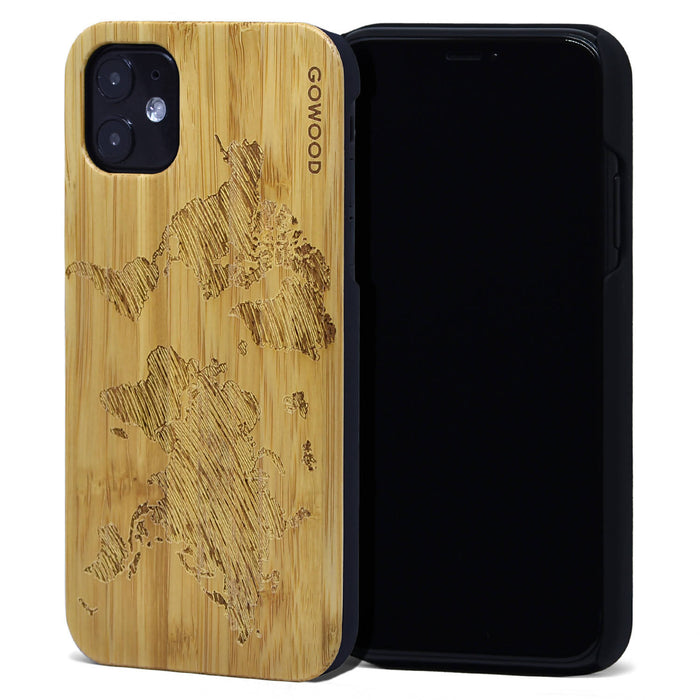 Étui iphone 11 en bois et côtés en polycarbonate - bambou avec gravure carte du monde