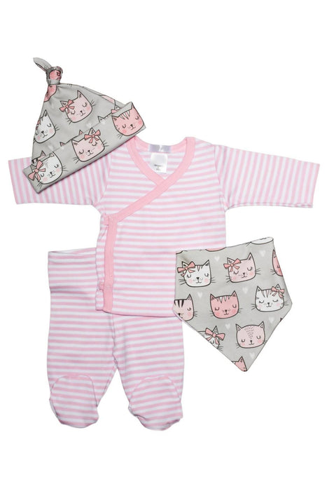 Ensemble chandail, pantalons à rayures roses, chapeau et bandana à motif de chats dormeurs