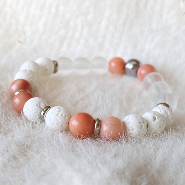 Bracelet diffuseur hibiscus (pierres semi-précieuses aventurine rose, quartz, pierres de lave blanche et acier inoxydable)