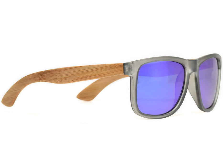Lunettes de soleil carrées en bois de bambou avec monture givrée grise et verres miroir bleu polarisés