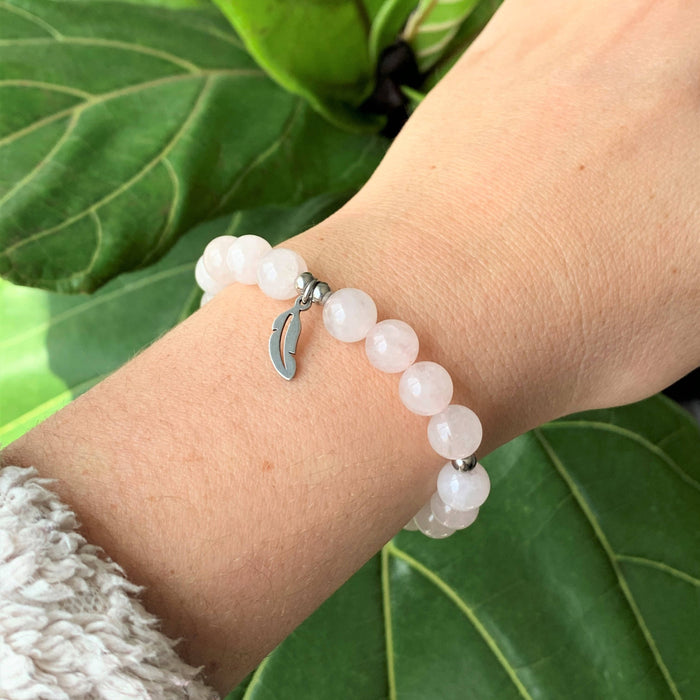 Rose - bracelet en pierres semi-précieuses pour femmes : quartz rose et acier inoxydable