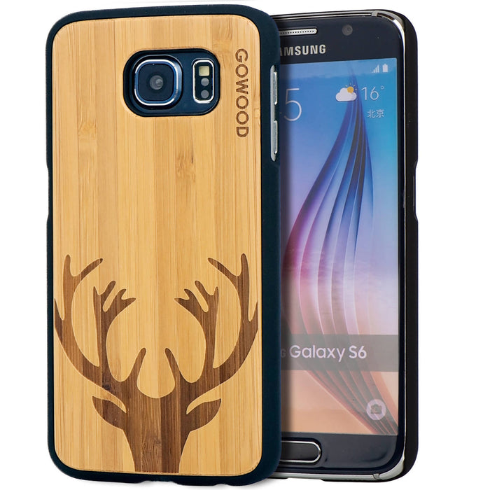 Étui samsung galaxy s6 en bois et côtés en polycarbonate - bambou avec gravure chevreuil