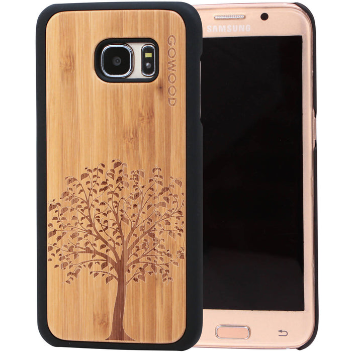 Étui samsung galaxy s7 edge en bois et côtés en polycarbonate - bambou avec gravure arbre