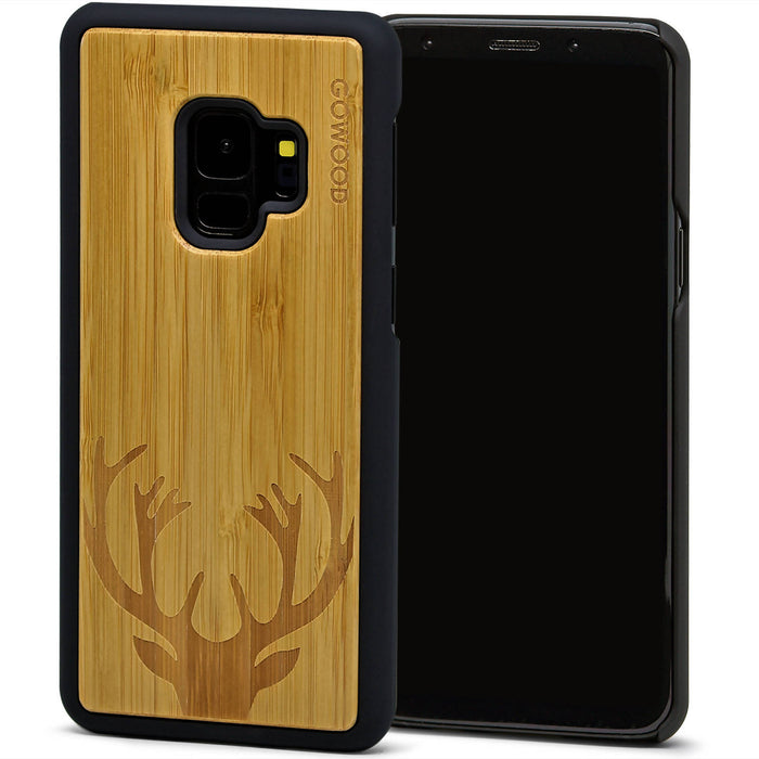 Étui samsung galaxy s9 en bois et côtés en polycarbonate - bambou avec gravure chevreuil