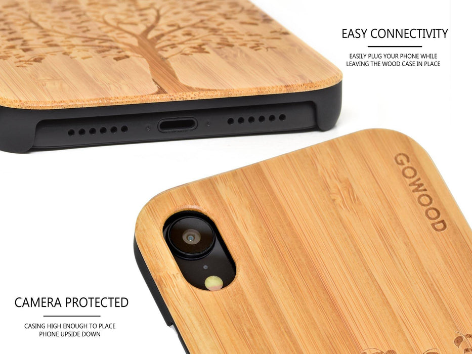 Étui iphone xr en bois et côtés en polycarbonate - bambou avec gravure arbre