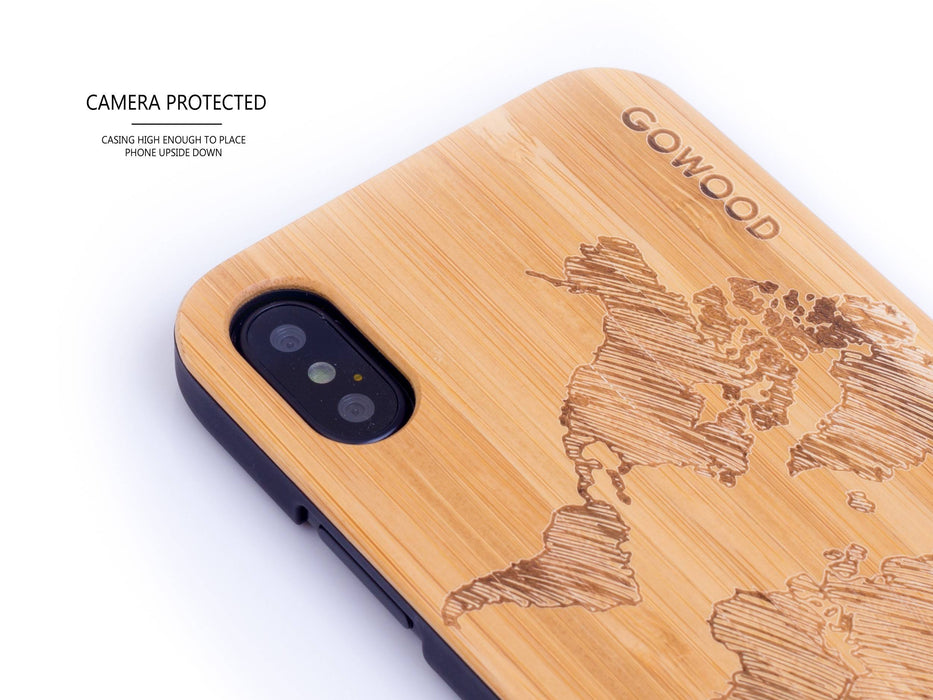 Étui iphone x et xs en bois et côtés en polycarbonate - bambou avec gravure carte du monde