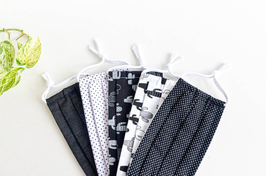 Masque en tissu - denim noir & cactus noir blanc & pois