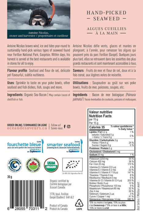 Bacon de mer (dulse), flocons, 35g, certifié biologique, un océan de saveurs - gaspésie
