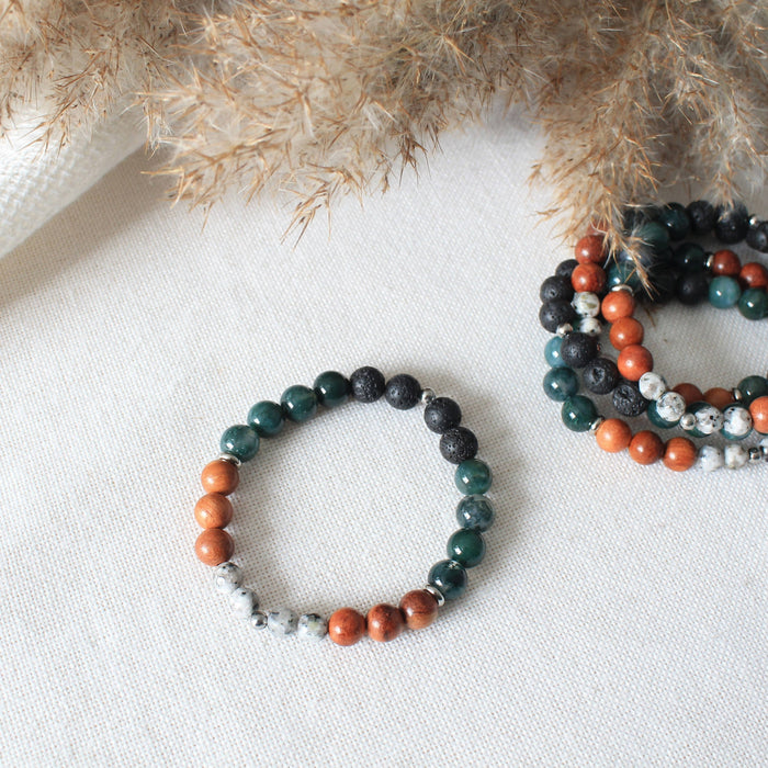 Bracelet diffuseur nature en pierres semi-précieuses agate mousse, larvikite, pierres de lave, bois de rose et acier inoxydable