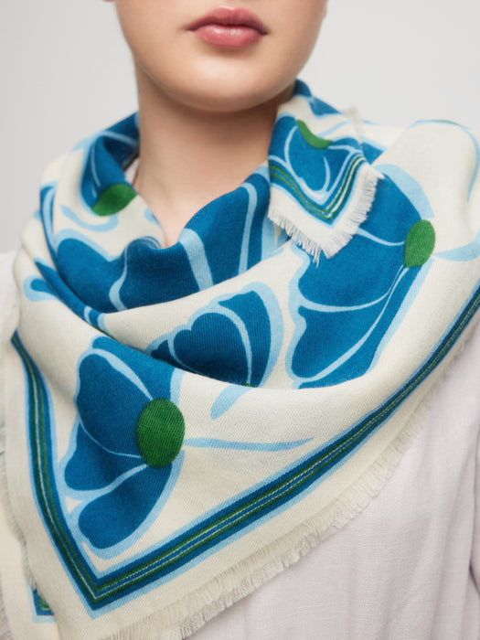 Foulard carré en laine de mérinos et soie bleu - poppy