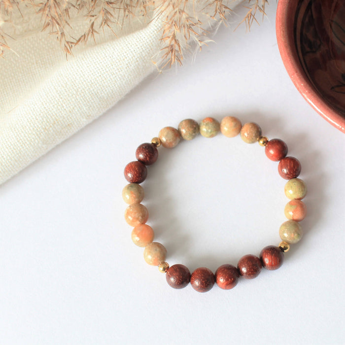 Feuillage - bracelet diffuseur d'huiles essentielles pour femmes en pierres naturelles d'unakite, billes de bois de santal rouge et inox doré