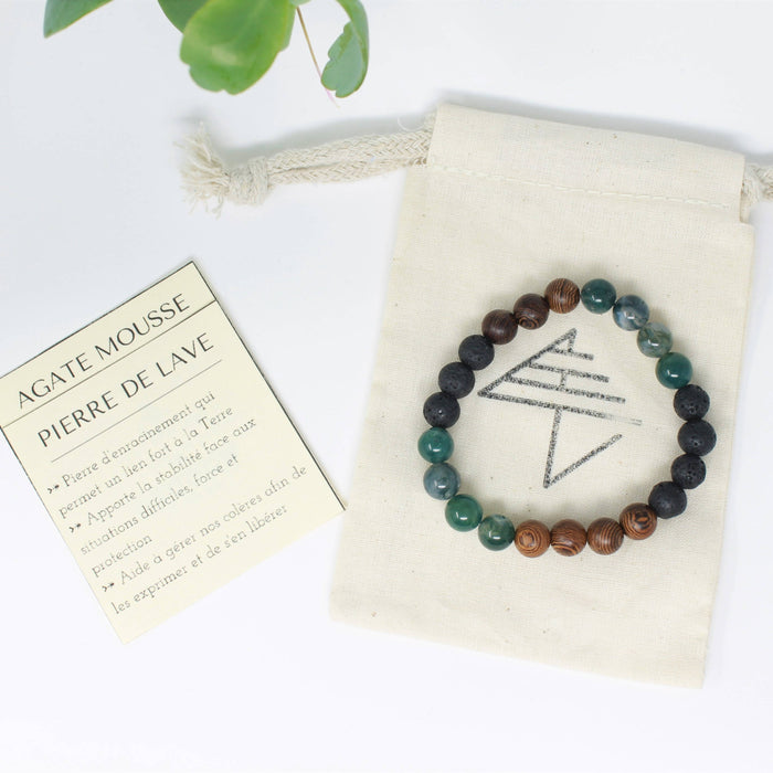 Bracelet diffuseur en pierres semi précieuses pour femmes et hommes: agate mousse, pierres de lave et bois wenge