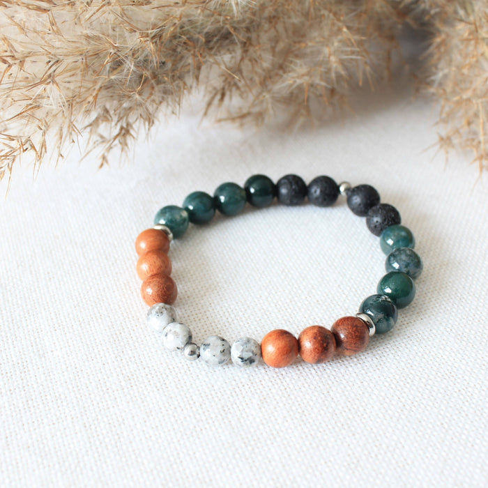 Bracelet diffuseur nature en pierres semi-précieuses agate mousse, larvikite, pierres de lave, bois de rose et acier inoxydable