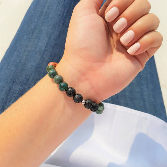 Bracelet diffuseur nature en pierres semi-précieuses agate mousse, larvikite, pierres de lave, bois de rose et acier inoxydable