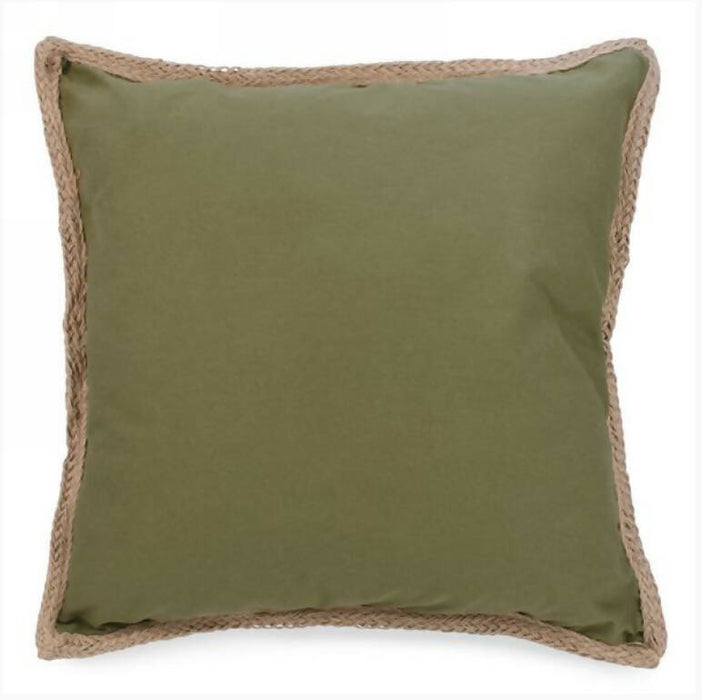 Coussin vert olive bordure en jute