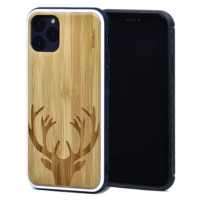 Étui iphone 11 pro en bois et côtés en tpu - bambou avec gravure chevreuil