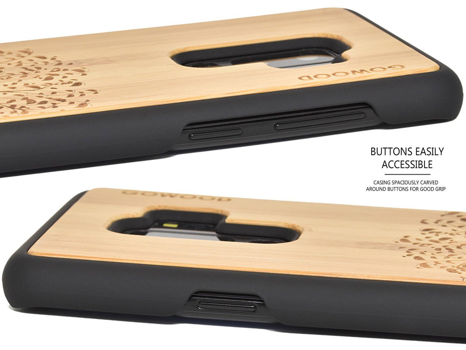 Étui samsung galaxy s9 plus en bois et côtés en polycarbonate - bambou avec gravure arbre