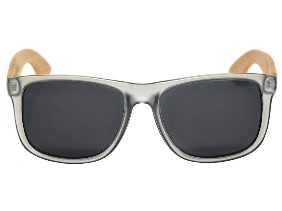 Lunettes de soleil carrées en bois de bambou avec monture givrée grise et verres noir polarisés