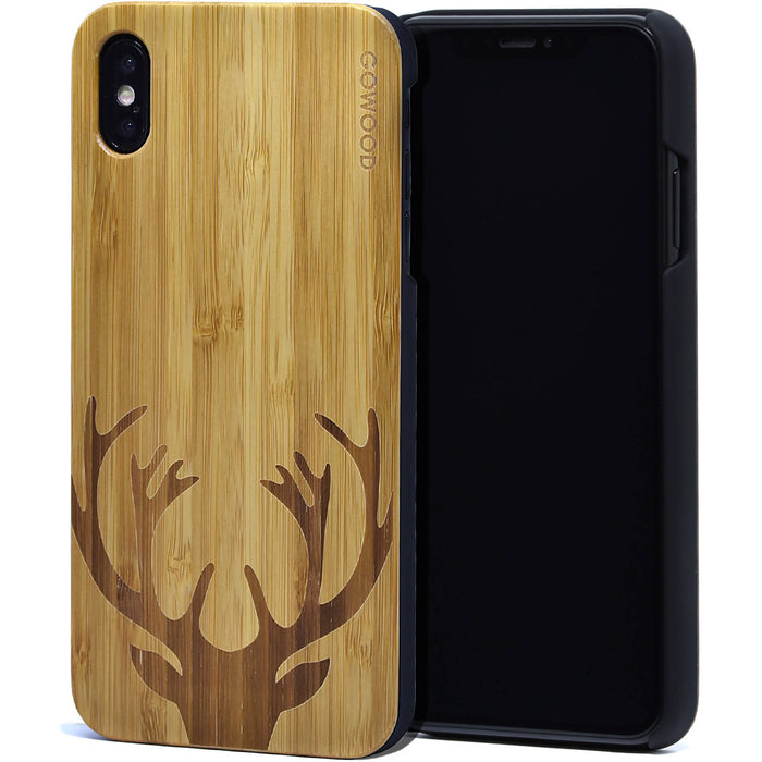 Étui iphone xs max en bois et côtés en polycarbonate - bambou avec gravure chevreuil