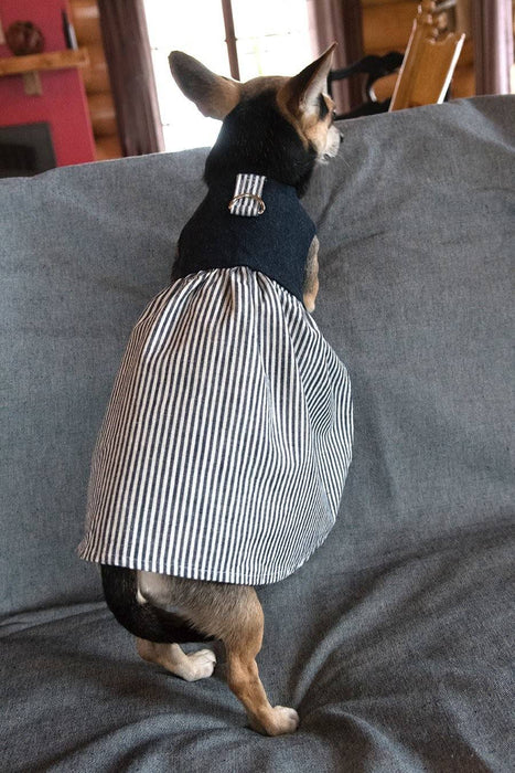 Robe harnais en denim jeans bleu foncé et ligné bleu et blanc pour chien xxxs, xxs, xs, s, m et l