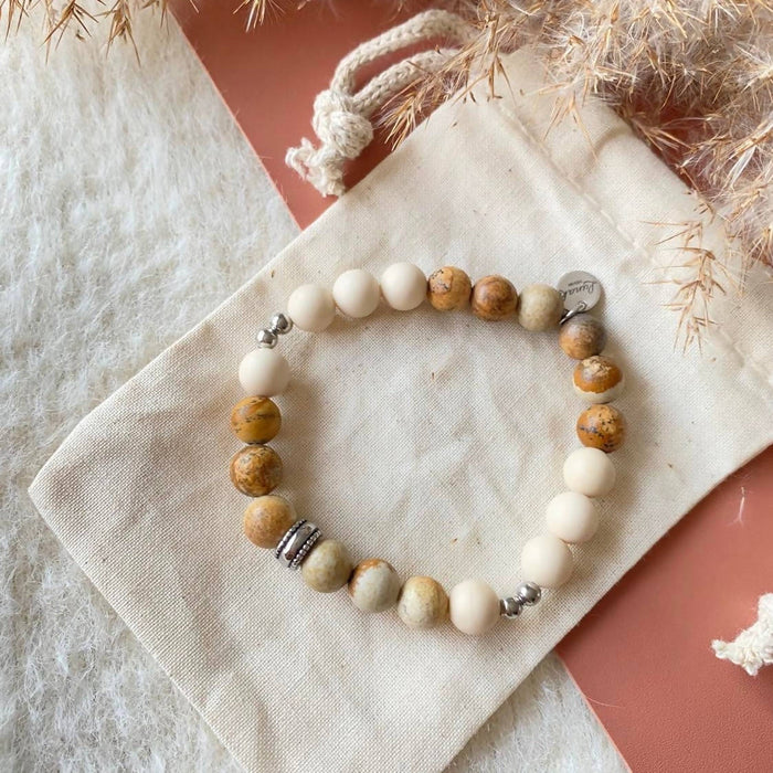 Bracelet riviera en pierres de rivière, pierres fines jaspe paysage et acier inoxydable