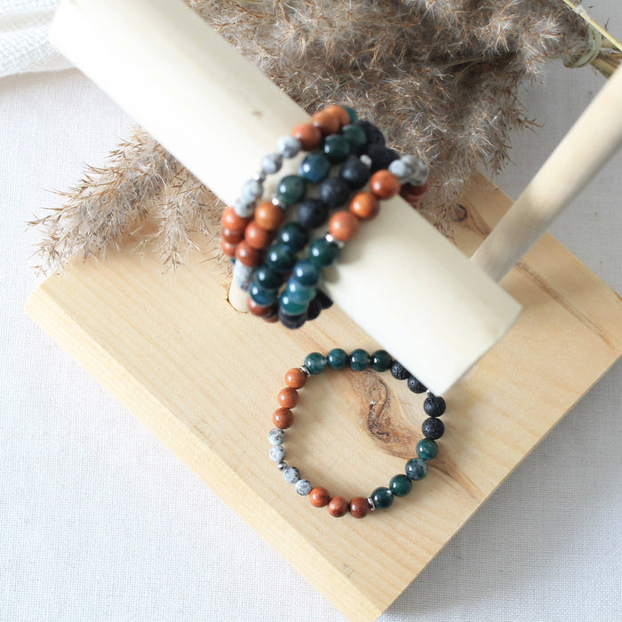 Bracelet diffuseur nature en pierres semi-précieuses agate mousse, larvikite, pierres de lave, bois de rose et acier inoxydable