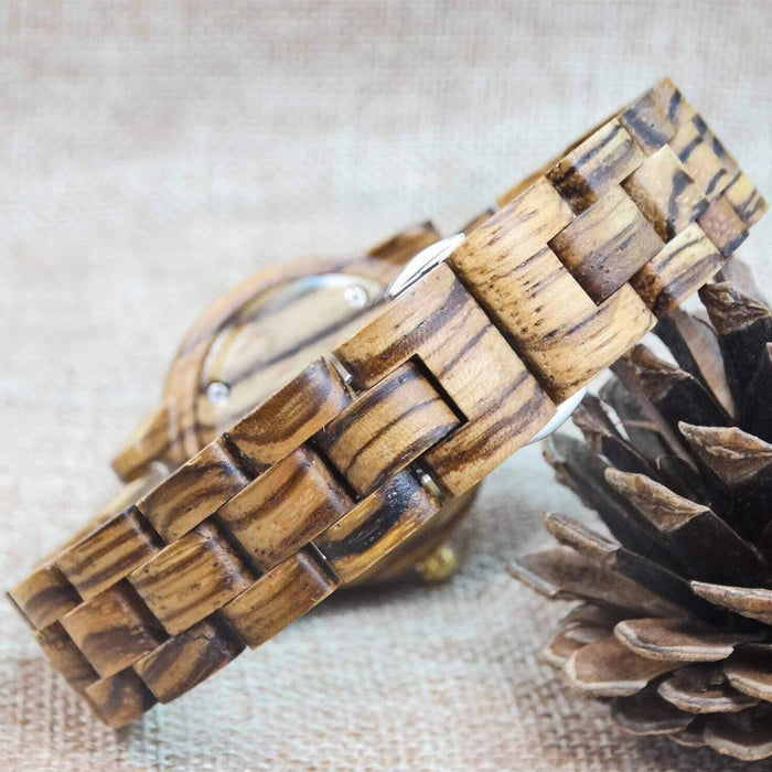 Montre en bois pour femmes avec bracelet et boîtier en bois zébrano et cadran doré - havana