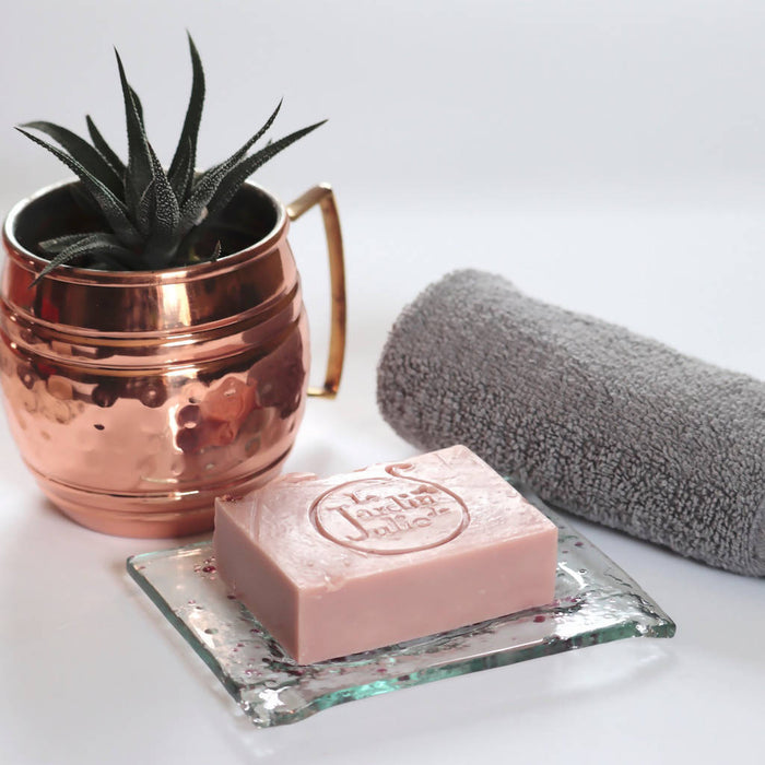 Savonnier et savon artisanal/porte savon de verre recyclé déco couleurs rose tendre sur verre clair
