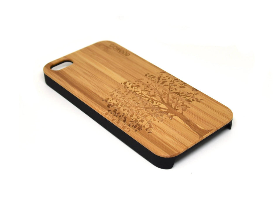 Étui iphone 5 en bois et côtés en polycarbonate - bambou avec gravure arbre
