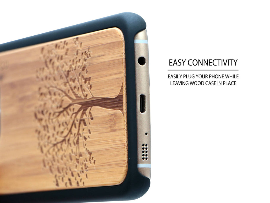 Étui samsung galaxy s7 edge en bois et côtés en polycarbonate - bambou avec gravure arbre