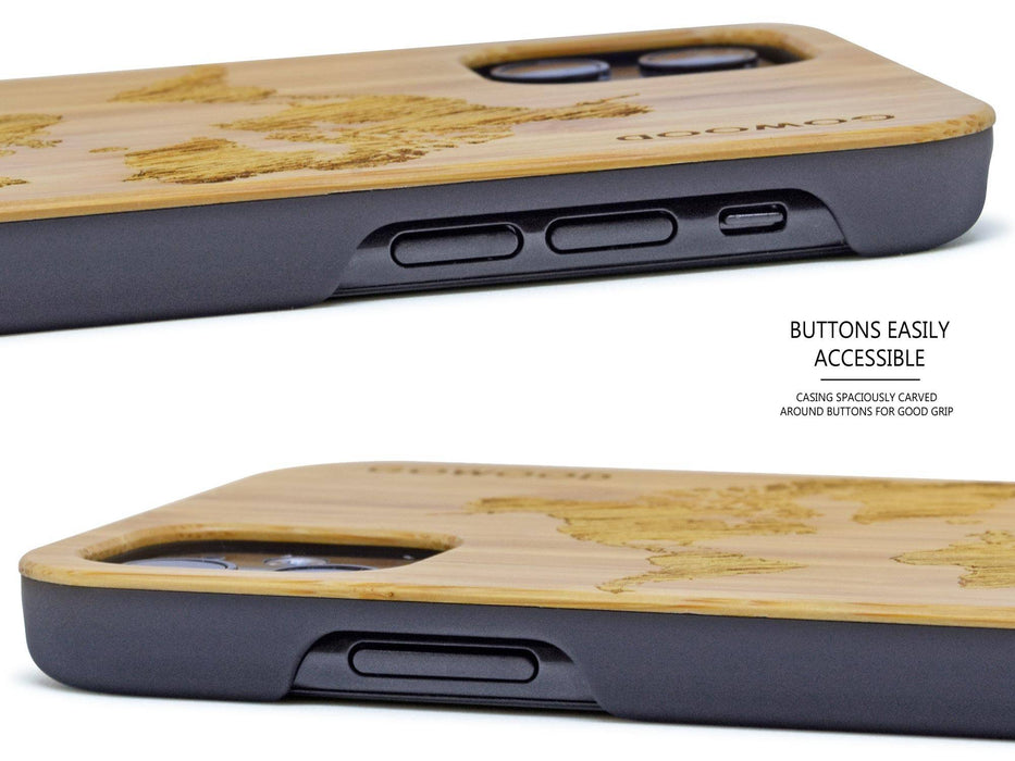 Étui iphone 11 en bois et côtés en polycarbonate - bambou avec gravure carte du monde