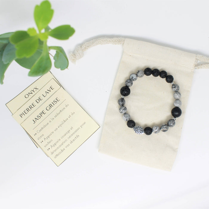 Bracelet élastique pour hommes en pierres naturelles de guérison : pierre de lave et jaspe gris
