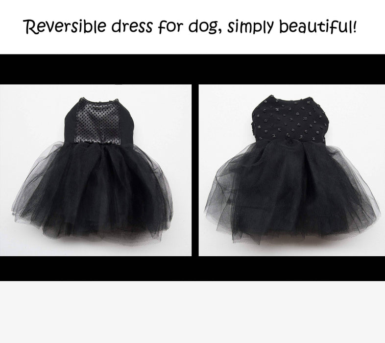 2 robes pour chien dans une! oui, c'est possible!: robe tutu noire réversible en coton noir et cuirette et chiffon suisse à pois surélevés