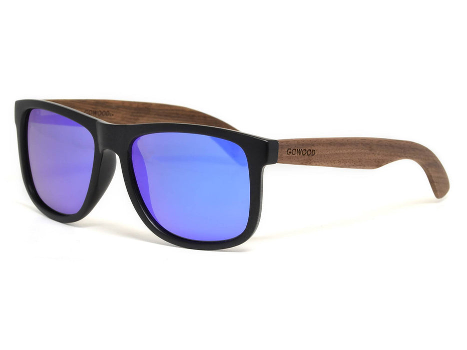 Lunettes de soleil carrées en bois de noyer avec verres miroir bleu polarisés