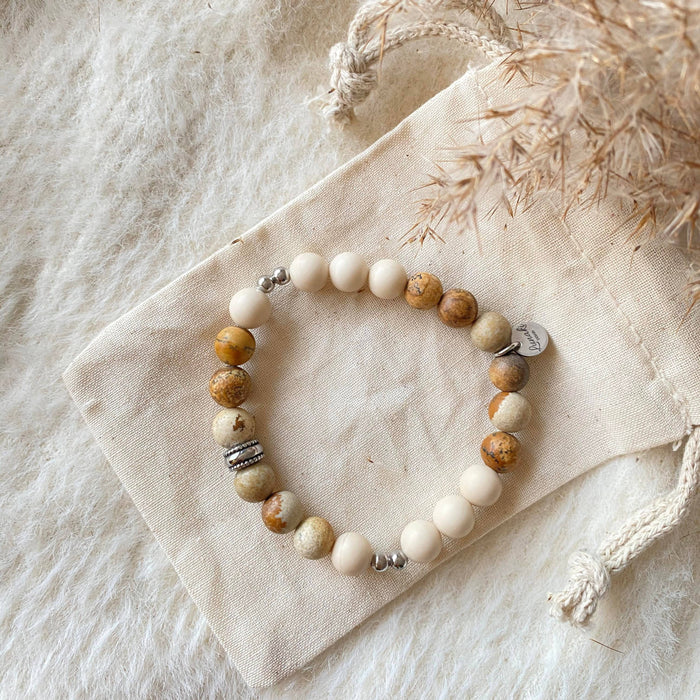 Bracelet riviera en pierres de rivière, pierres fines jaspe paysage et acier inoxydable