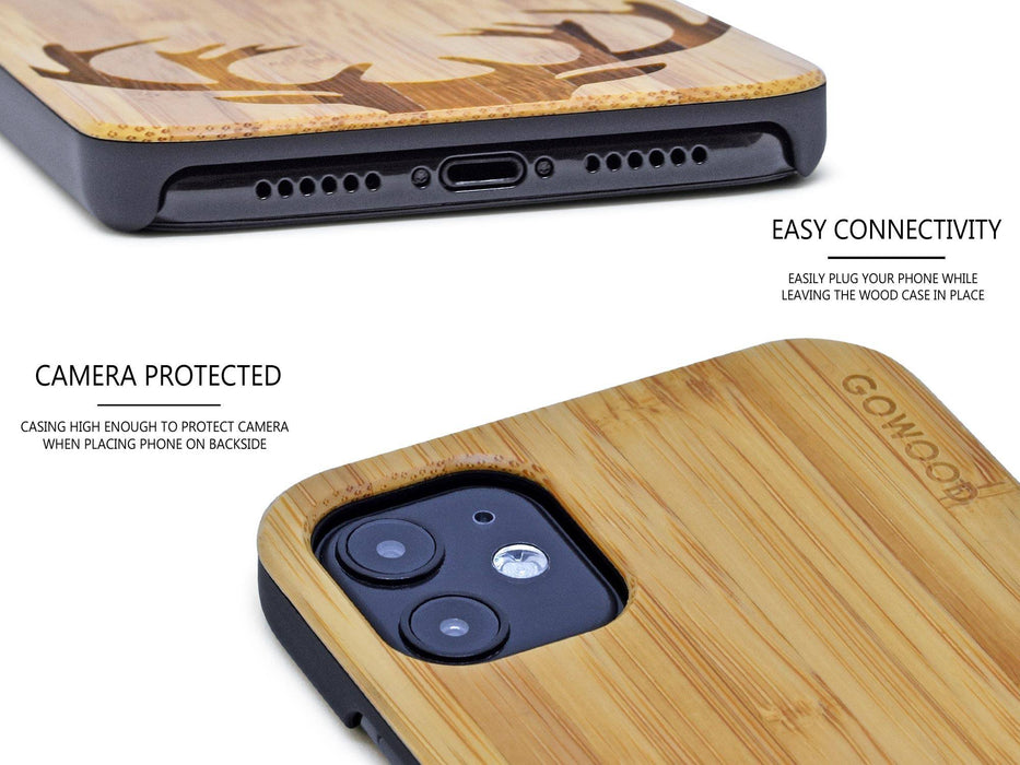 Étui iphone 11 en bois et côtés en polycarbonate - bambou avec gravure chevreuil