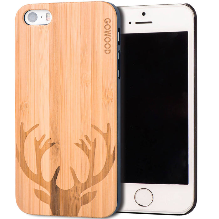 Étui iphone 5 en bois et côtés en polycarbonate - bambou avec gravure chevreuil