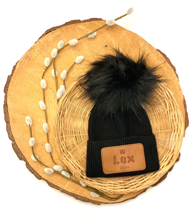 Tuque d'hiver en laine angora avec pompon en fausse fourrure - noir