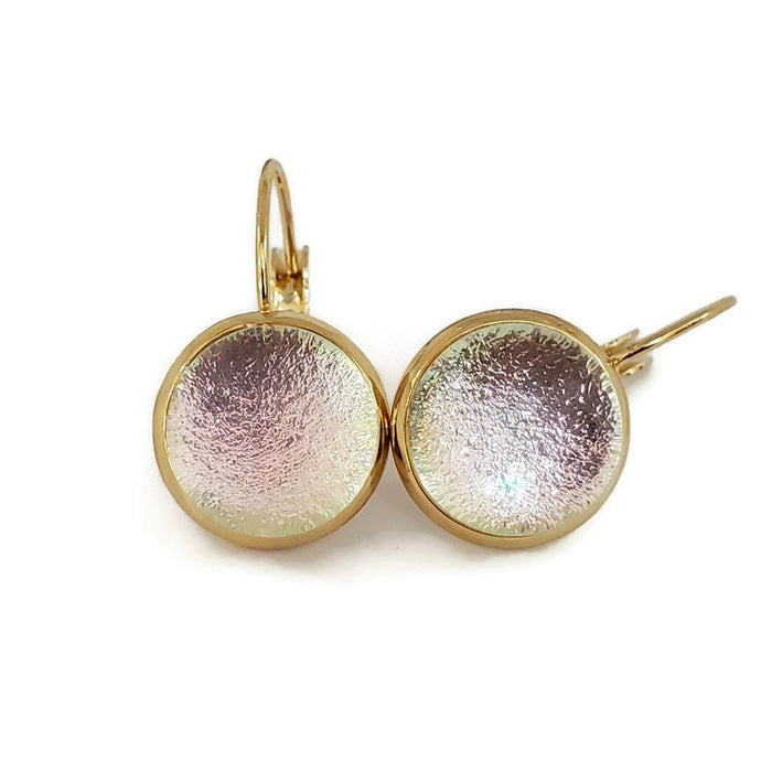 Boucles d'oreille leviers rose transparent, en verre fusion - Bijoux Le fil d'Ariane