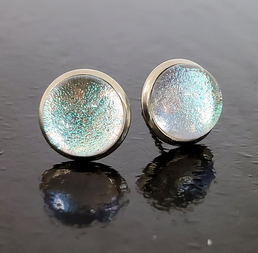 Boucles d'oreilles cabochon transparent bleu, en verre fusion - Bijoux Le fil d'Ariane