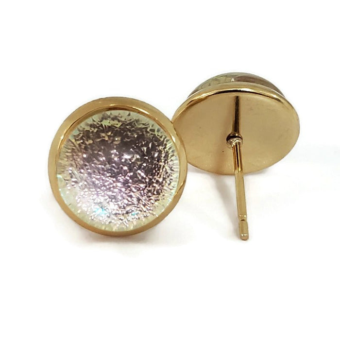 Boucles d'oreilles cabochon transparent rose, en verre fusion - Bijoux Le fil d'Ariane