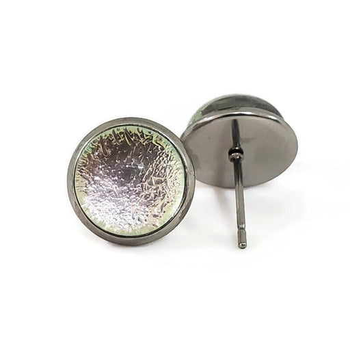 Boucles d'oreilles cabochon transparent rose, en verre fusion - Bijoux Le fil d'Ariane