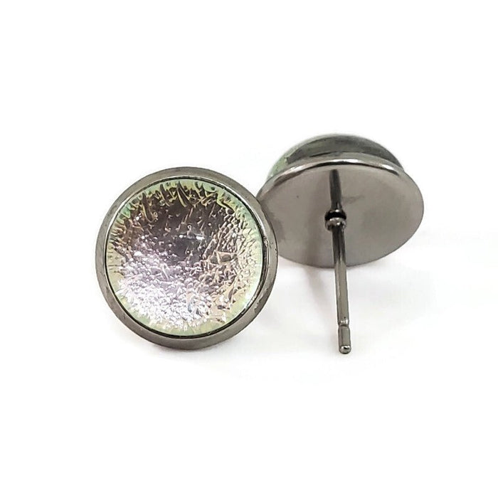 Boucles d'oreilles cabochon transparent rose, en verre fusion - Bijoux Le fil d'Ariane