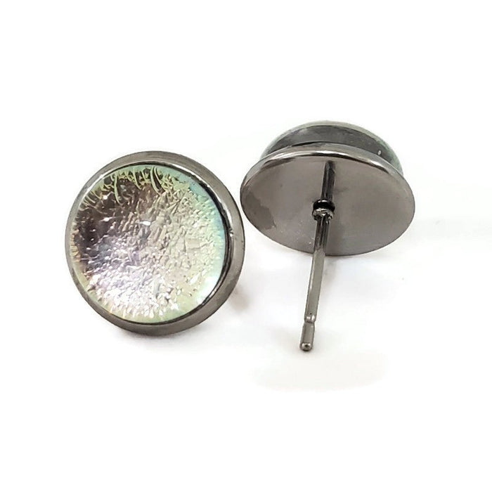 Boucles d'oreilles cabochon transparent rose, en verre fusion - Bijoux Le fil d'Ariane