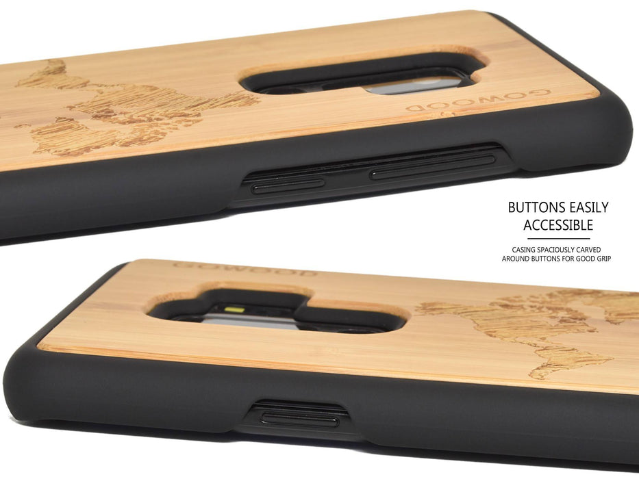 Étui samsung galaxy s9 plus en bois et côtés en polycarbonate - bambou avec gravure carte du monde